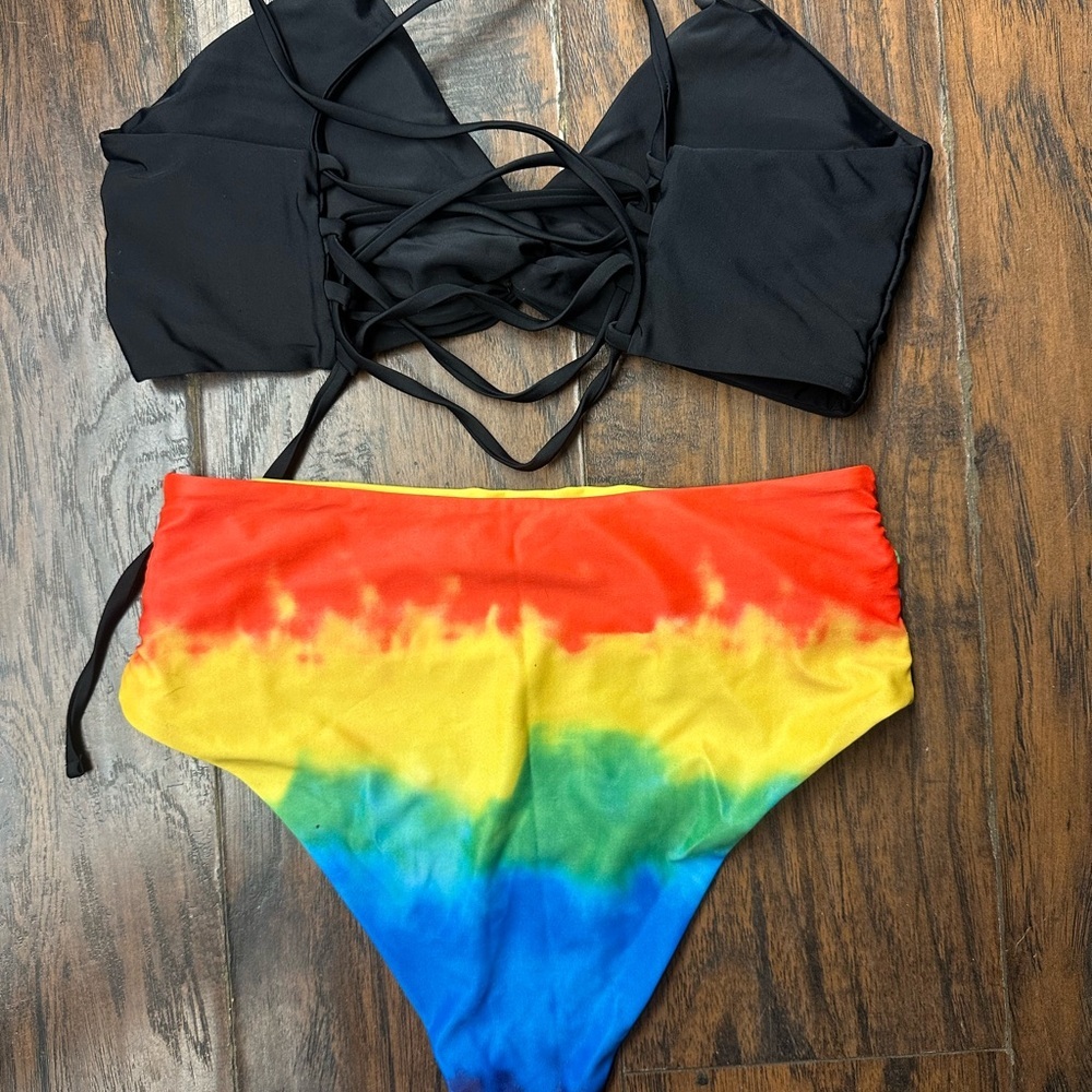 ZAFUL Black Bikini Top and Rainbow Bottoms size L <<<217>>> - Picture 6 of 6